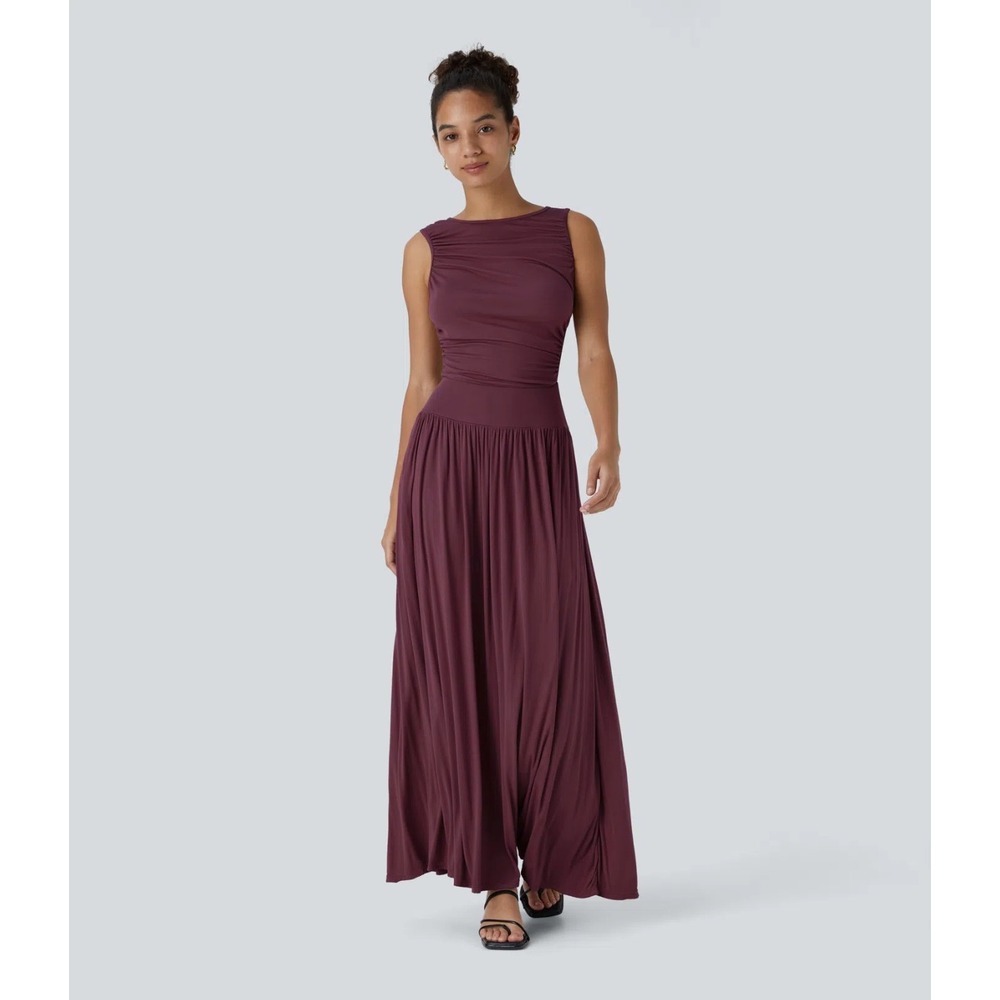 NWT Halara Ribbed Boat Neck Asymmetric Strap Ruched Maxi Dress L